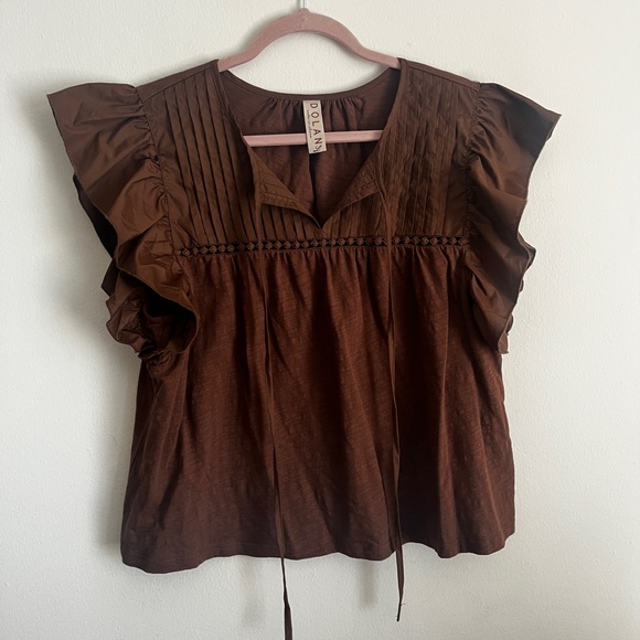 Dolan Anthropologie Brown Flutter Sleeve Top - Picture 7 of 7